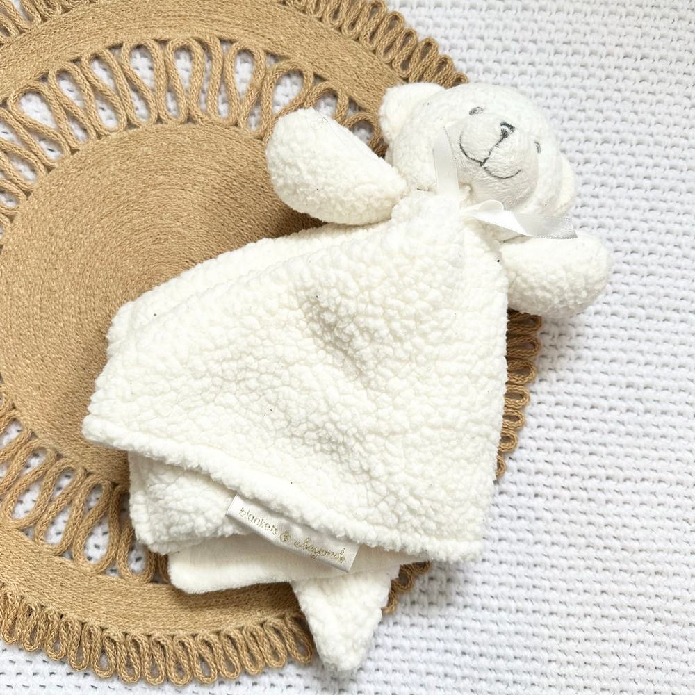 Blankets & Beyond White Sherpa Nubby Fuzzy Bear Bow Lovey Security Baby Blanket